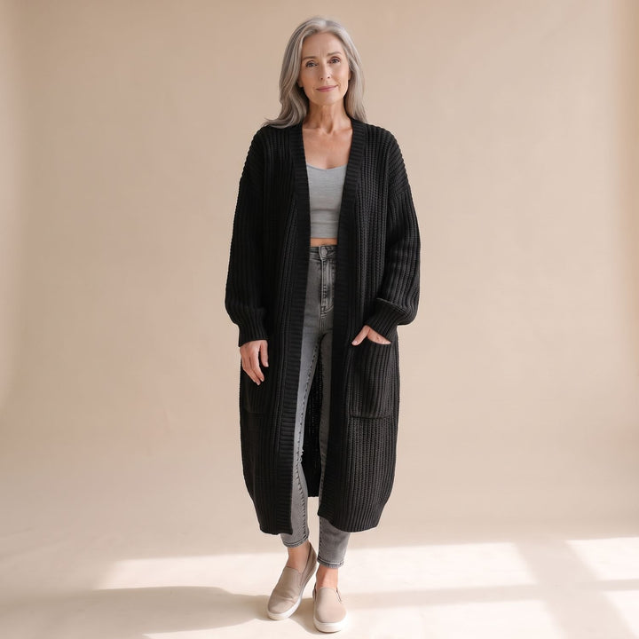 Women's Oversized Long Ribbed Knit Open-Front Cardigan - Black