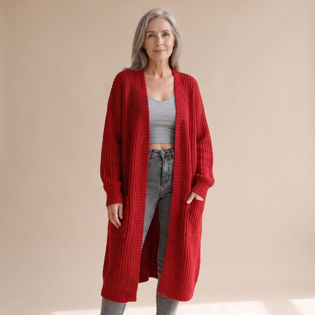 Women's Oversized Long Ribbed Knit Open-Front Cardigan - Red