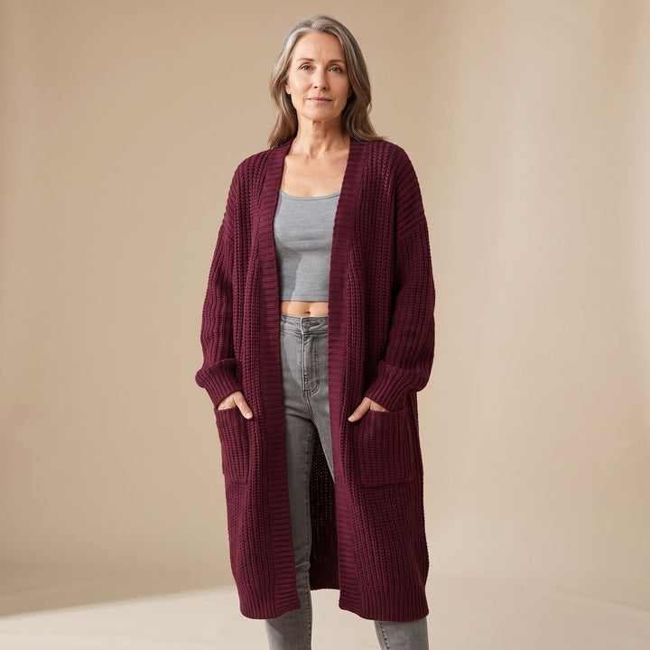 Women's Oversized Long Ribbed Knit Open-Front Cardigan - Crimson