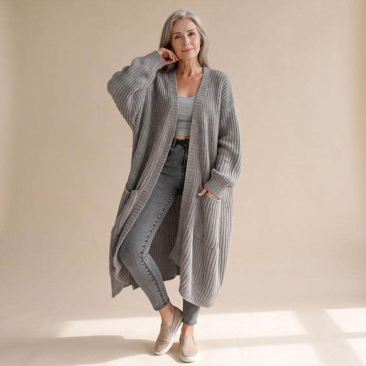 Women's Oversized Long Ribbed Knit Open-Front Cardigan - Gray