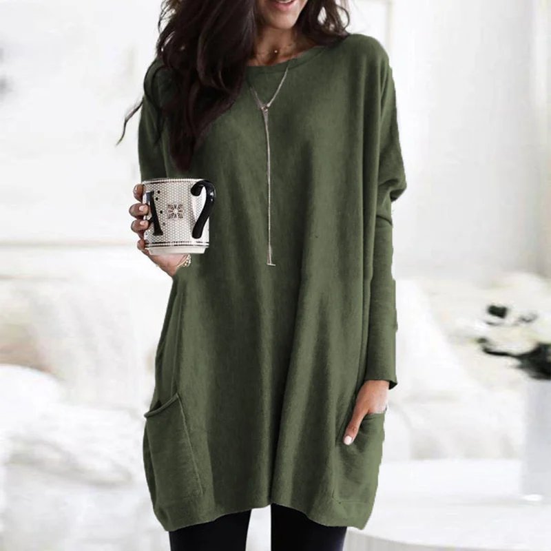 Women's Oversized Long Sleeve Pocket Tunic Top - Olivgrün