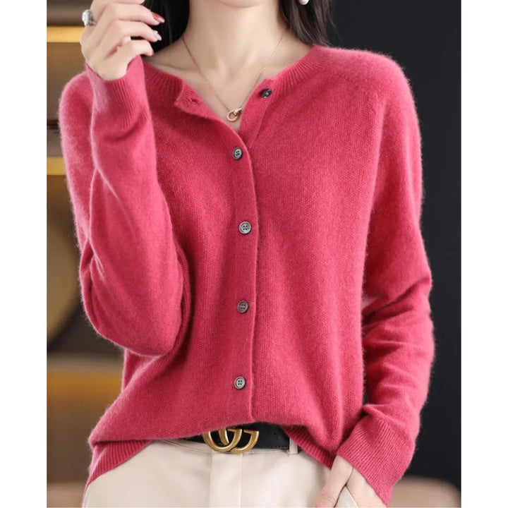 Women's Oversized Merino Wool Button-Front Knit Cardigan - Dark Pink