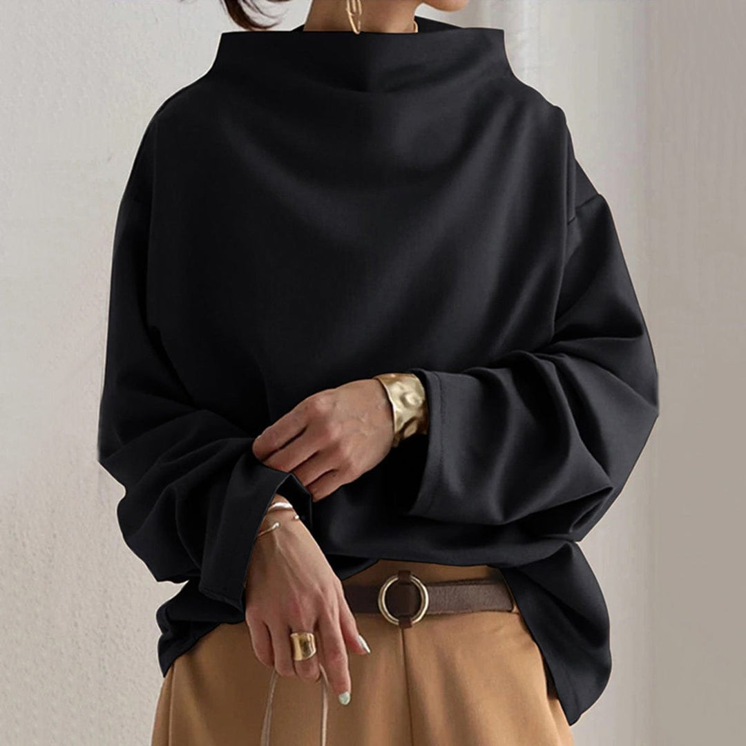 Women's Oversized Mock-Neck Knit Sweater Relaxed Pullover Top - Black