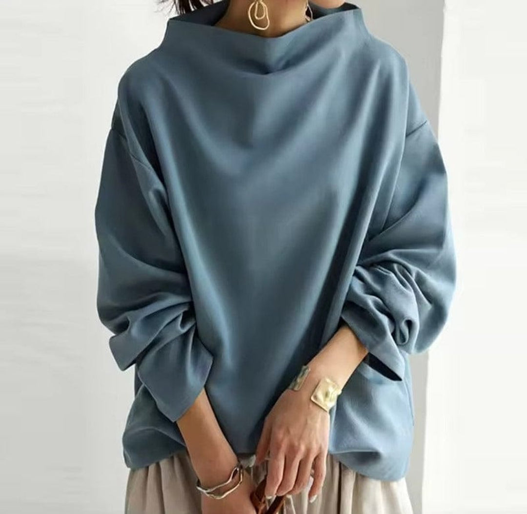 Women's Oversized Mock-Neck Knit Sweater Relaxed Pullover Top - Blue