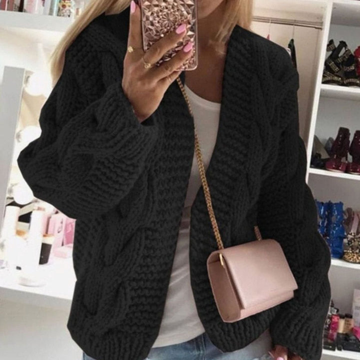 Women's Oversized Open-Front Chunky Cable Knit Cardigan - Black