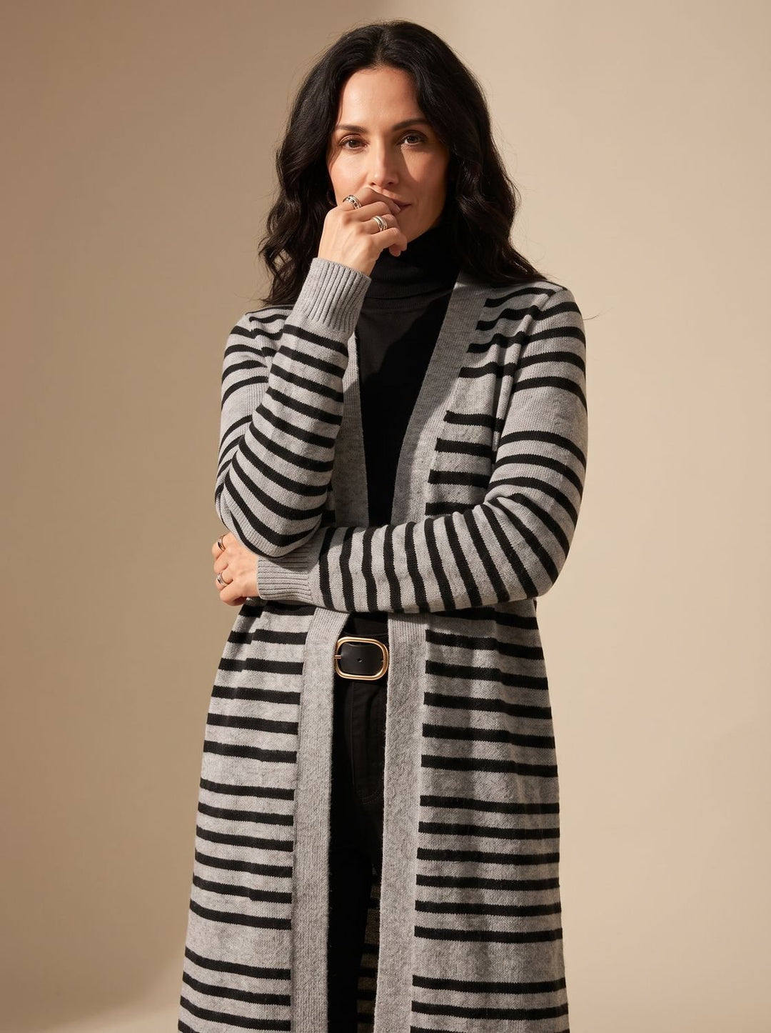 Women's Oversized Open-Front Striped Long Knit Cardigan