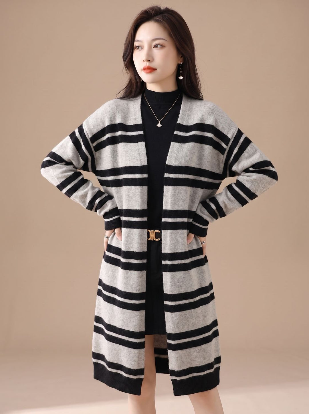 Women's Oversized Open-Front Striped Long Knit Cardigan - Black-Gray