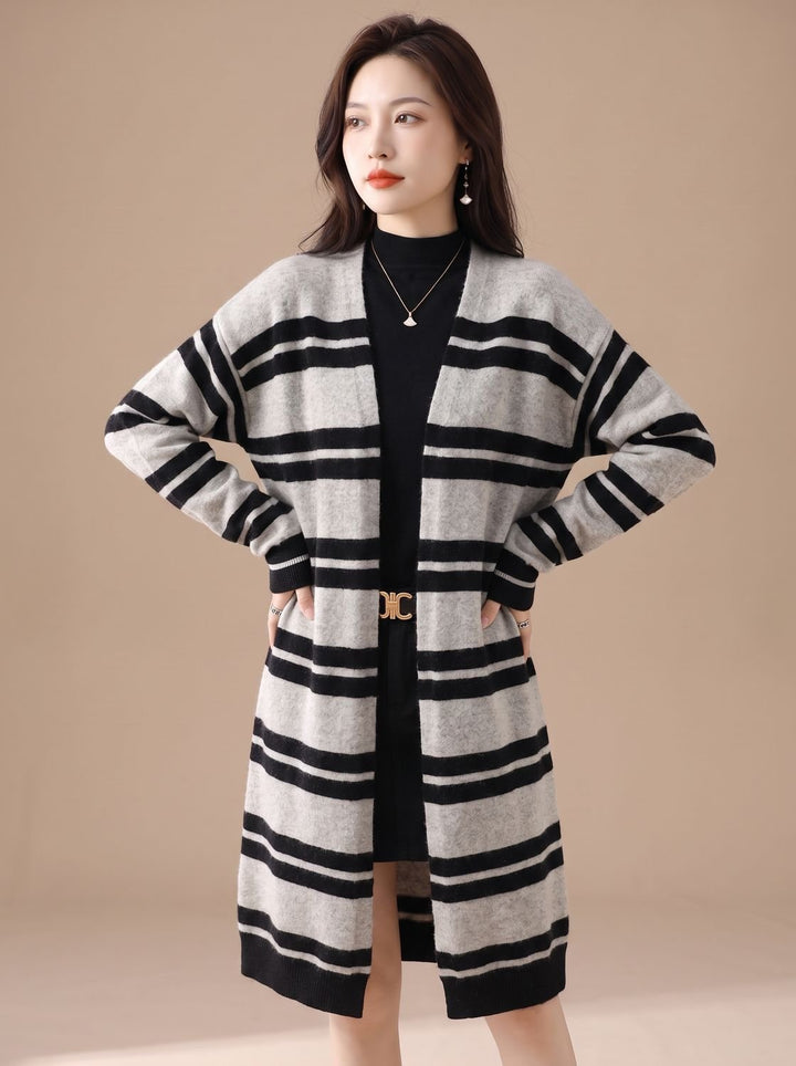 Women's Oversized Open-Front Striped Long Knit Cardigan - Black-Gray