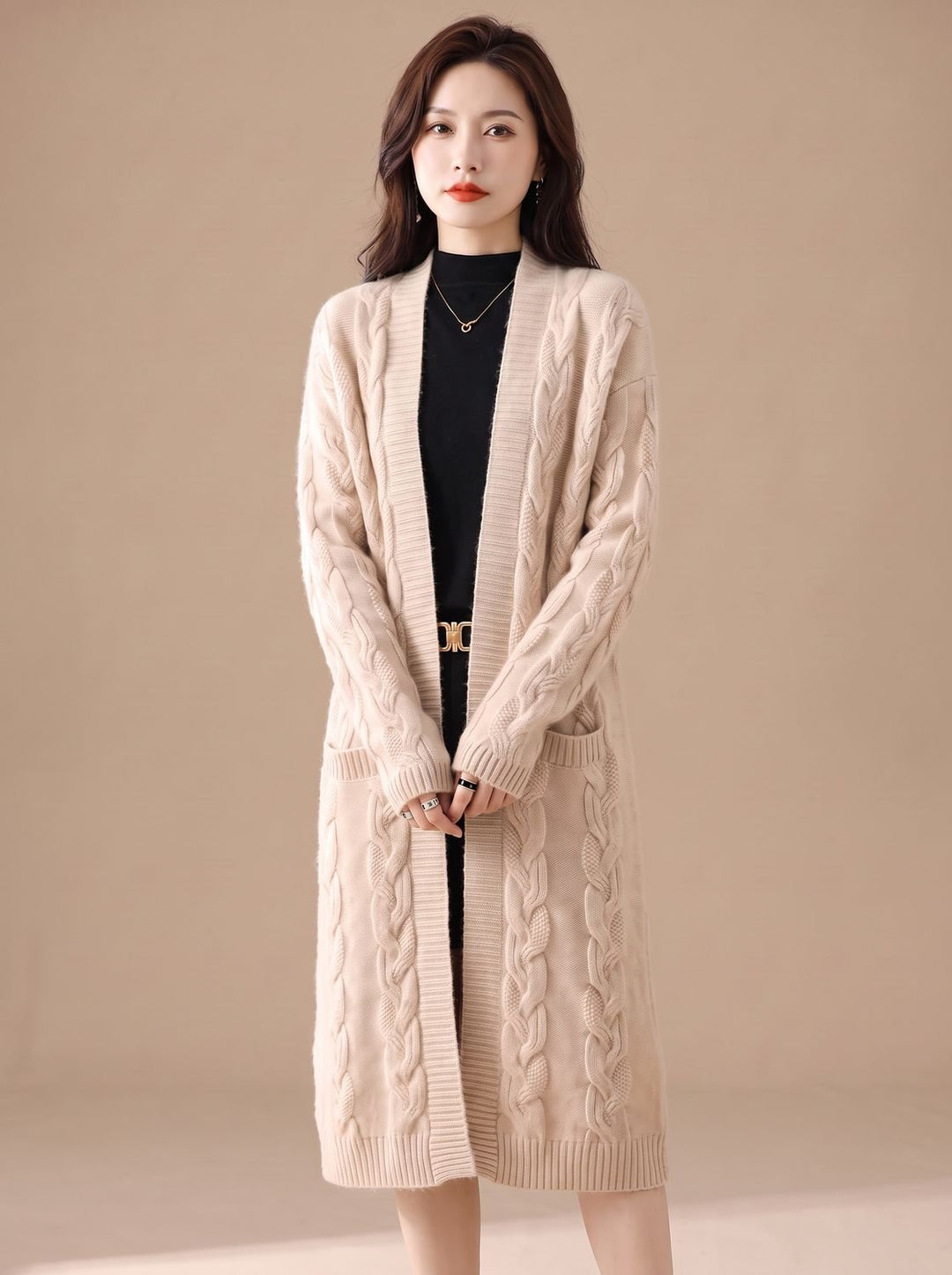 Women's Oversized Open-Front Striped Long Knit Cardigan - Beige