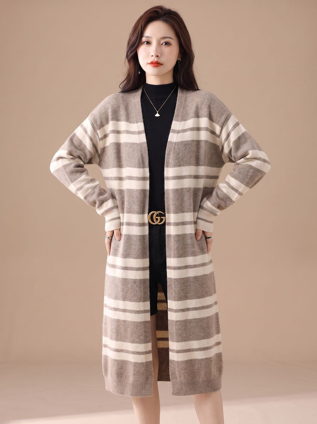 Women's Oversized Open-Front Striped Long Knit Cardigan - Beige-Camel