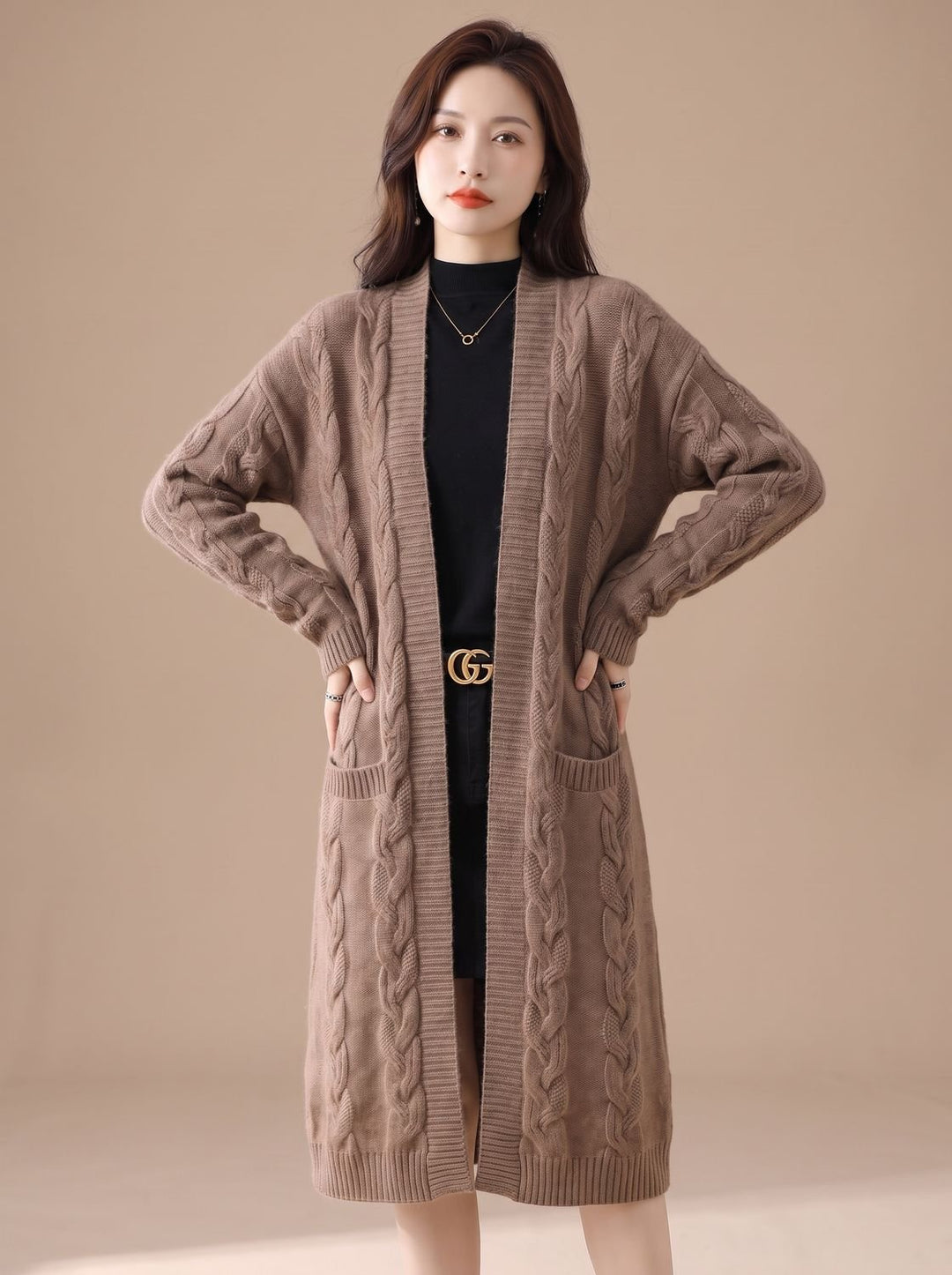Women's Oversized Open-Front Striped Long Knit Cardigan - Camel Brown