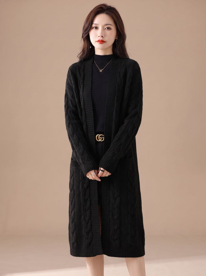 Women's Oversized Open-Front Striped Long Knit Cardigan - Black
