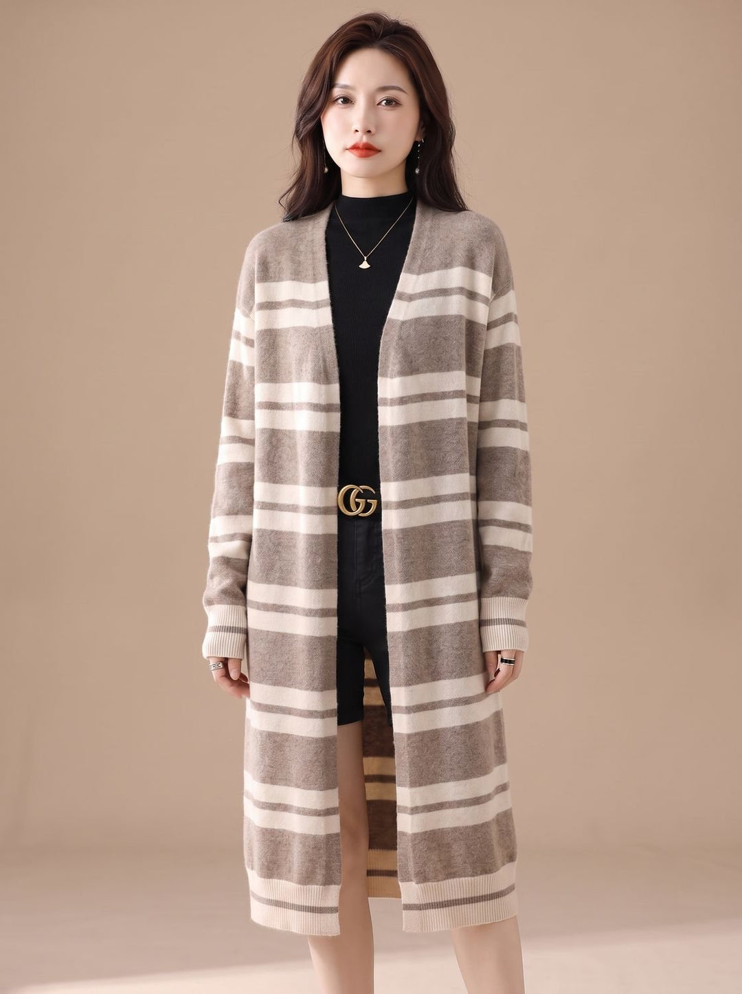Women's Oversized Open-Front Striped Long Knit Cardigan