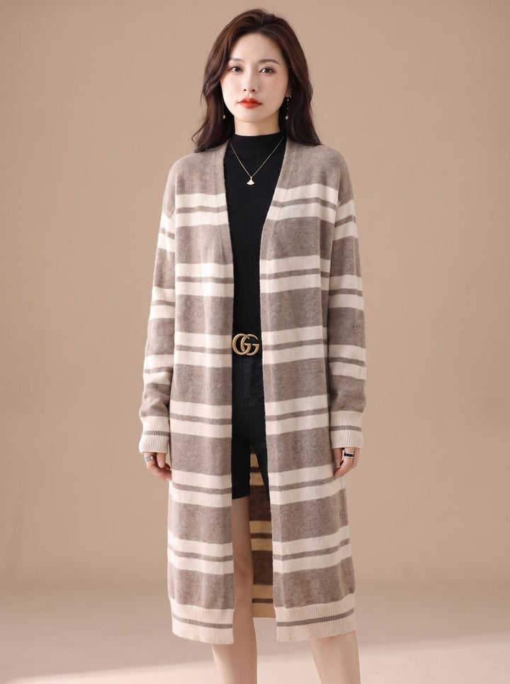 Women's Oversized Open-Front Striped Long Knit Cardigan