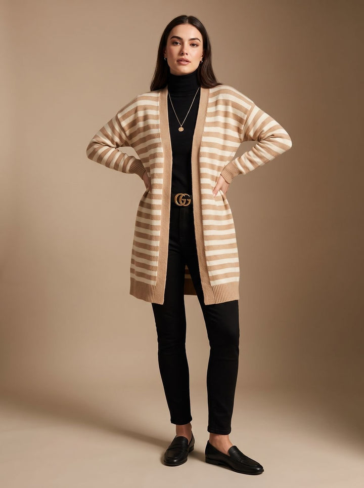 Women's Oversized Open-Front Striped Long Knit Cardigan