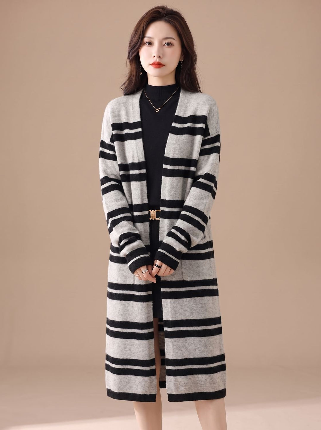 Women's Oversized Open-Front Striped Long Knit Cardigan