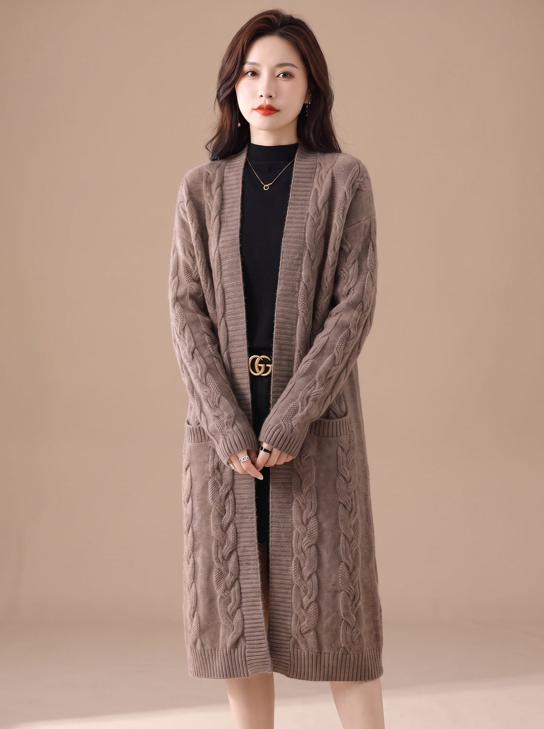 Women's Oversized Open-Front Striped Long Knit Cardigan