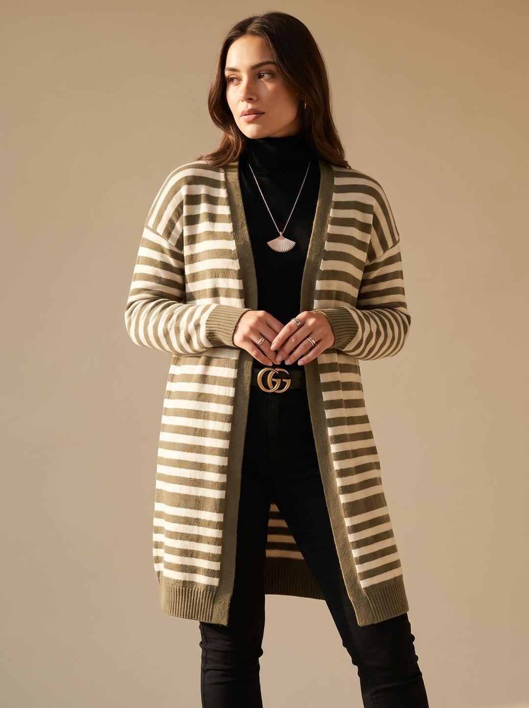 Women's Oversized Open-Front Striped Long Knit Cardigan
