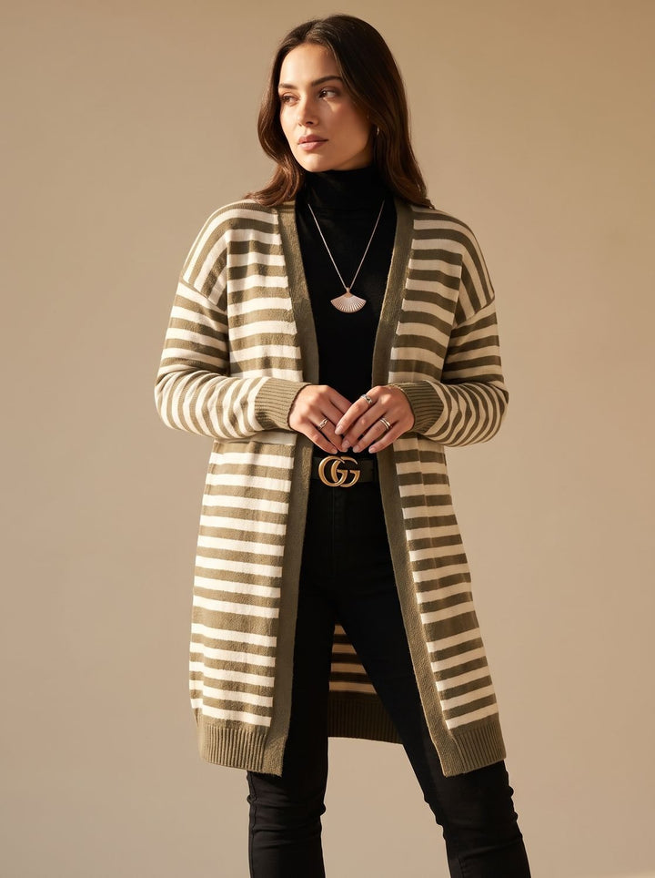 Women's Oversized Open-Front Striped Long Knit Cardigan