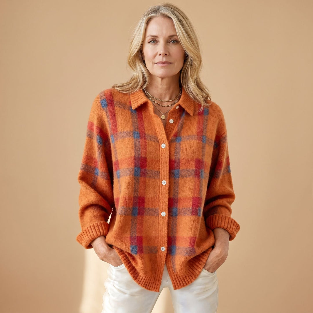 Women's Oversized Plaid Knit Button-Down Cardigan - Orange