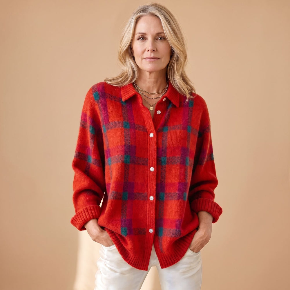 Women's Oversized Plaid Knit Button-Down Cardigan - Red