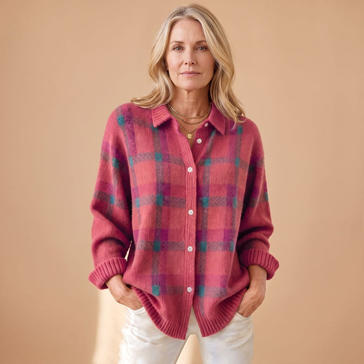 Women's Oversized Plaid Knit Button-Down Cardigan - Pink