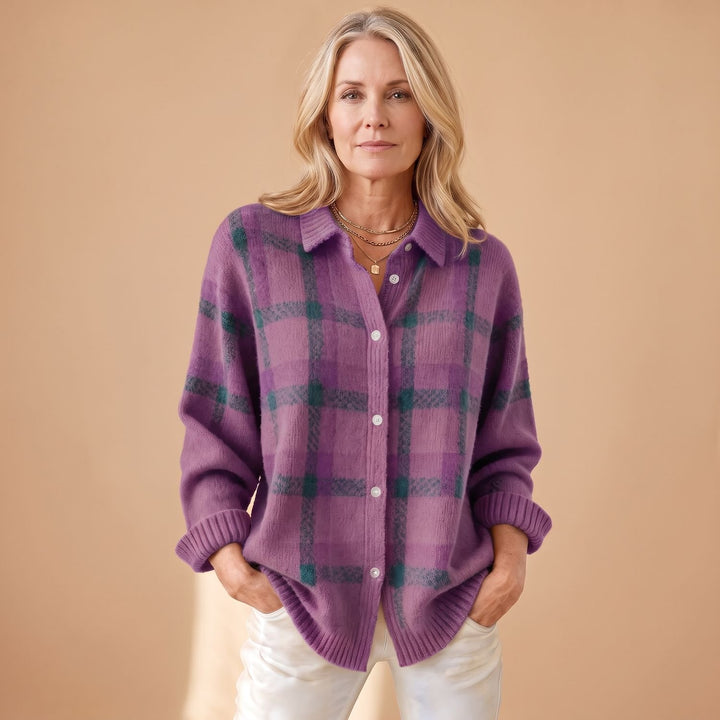 Women's Oversized Plaid Knit Button-Down Cardigan - Purple