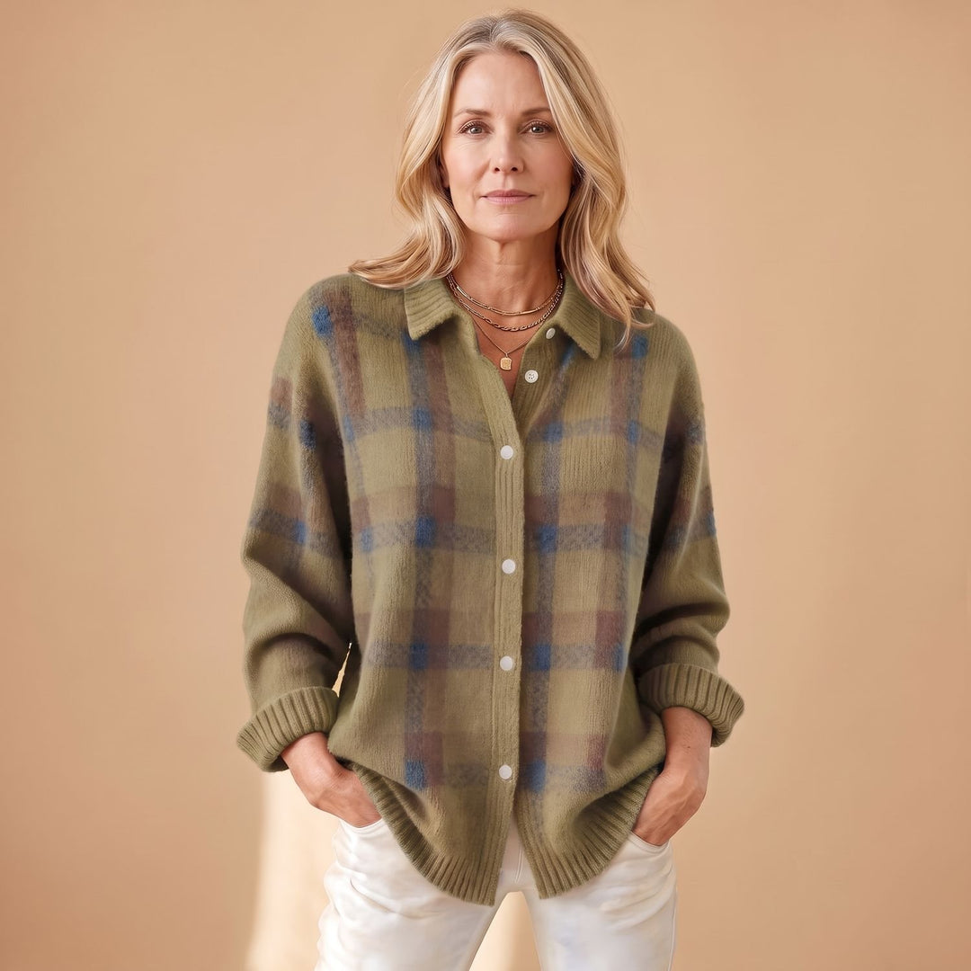 Women's Oversized Plaid Knit Button-Down Cardigan - Brown