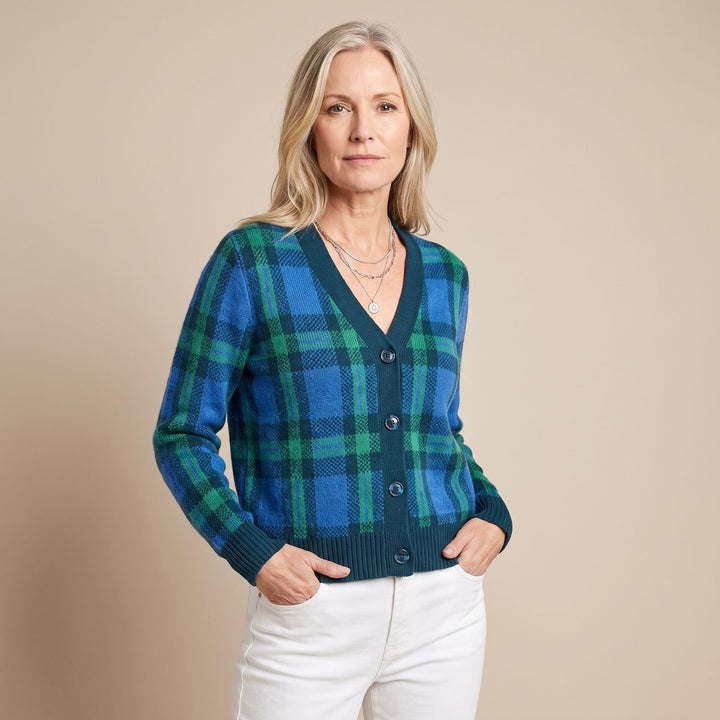Women's Oversized Plaid Knit Button-Down Cardigan - Blue