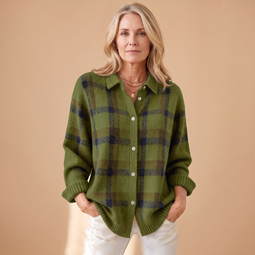 Women's Oversized Plaid Knit Button-Down Cardigan - Green