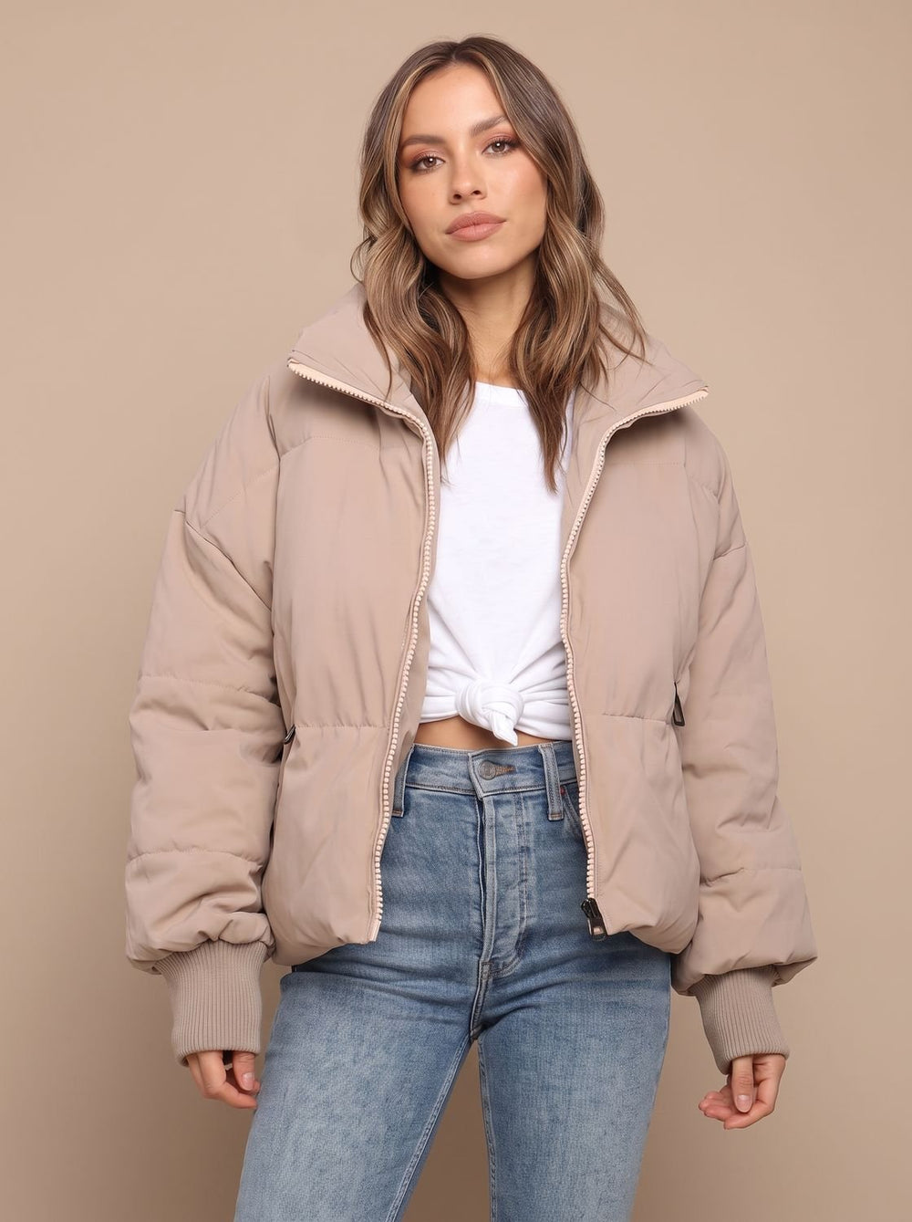 Women's Oversized Puffer Jacket Stand Collar Ribbed Cuff - Khaki