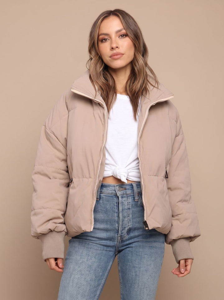 Women's Oversized Puffer Jacket Stand Collar Ribbed Cuff - Khaki