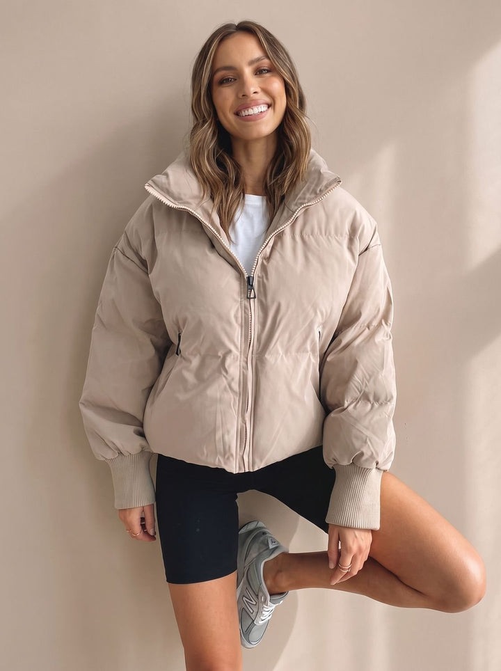 Women's Oversized Puffer Jacket Stand Collar Ribbed Cuff