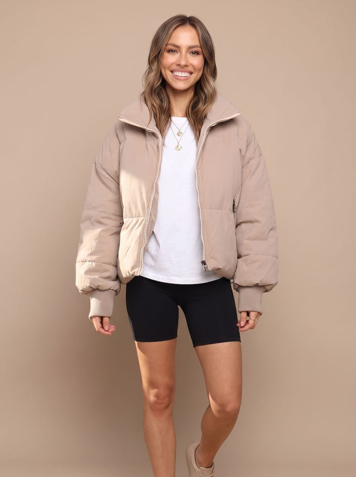 Women's Oversized Puffer Jacket Stand Collar Ribbed Cuff