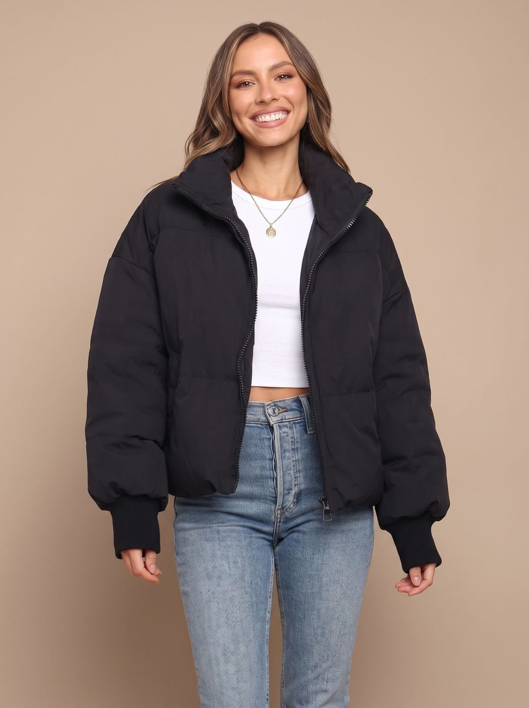 Women's Oversized Puffer Jacket Stand Collar Ribbed Cuff - Black
