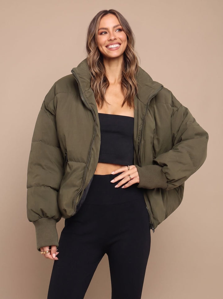 Women's Oversized Puffer Jacket Stand Collar Ribbed Cuff - Green