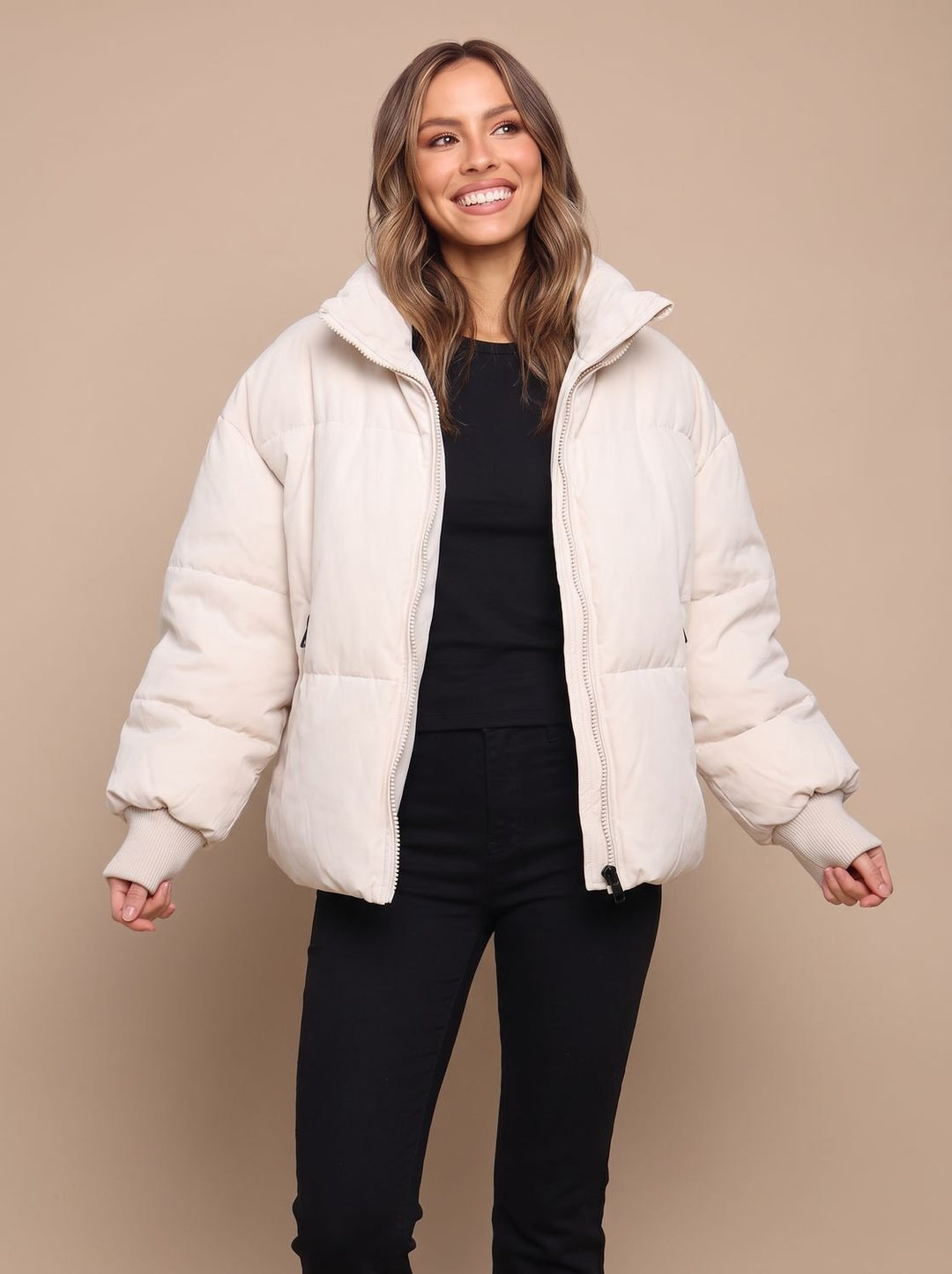 Women's Oversized Puffer Jacket Stand Collar Ribbed Cuff - White