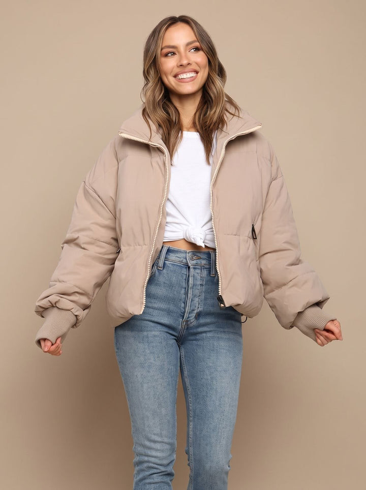 Women's Oversized Puffer Jacket Stand Collar Ribbed Cuff