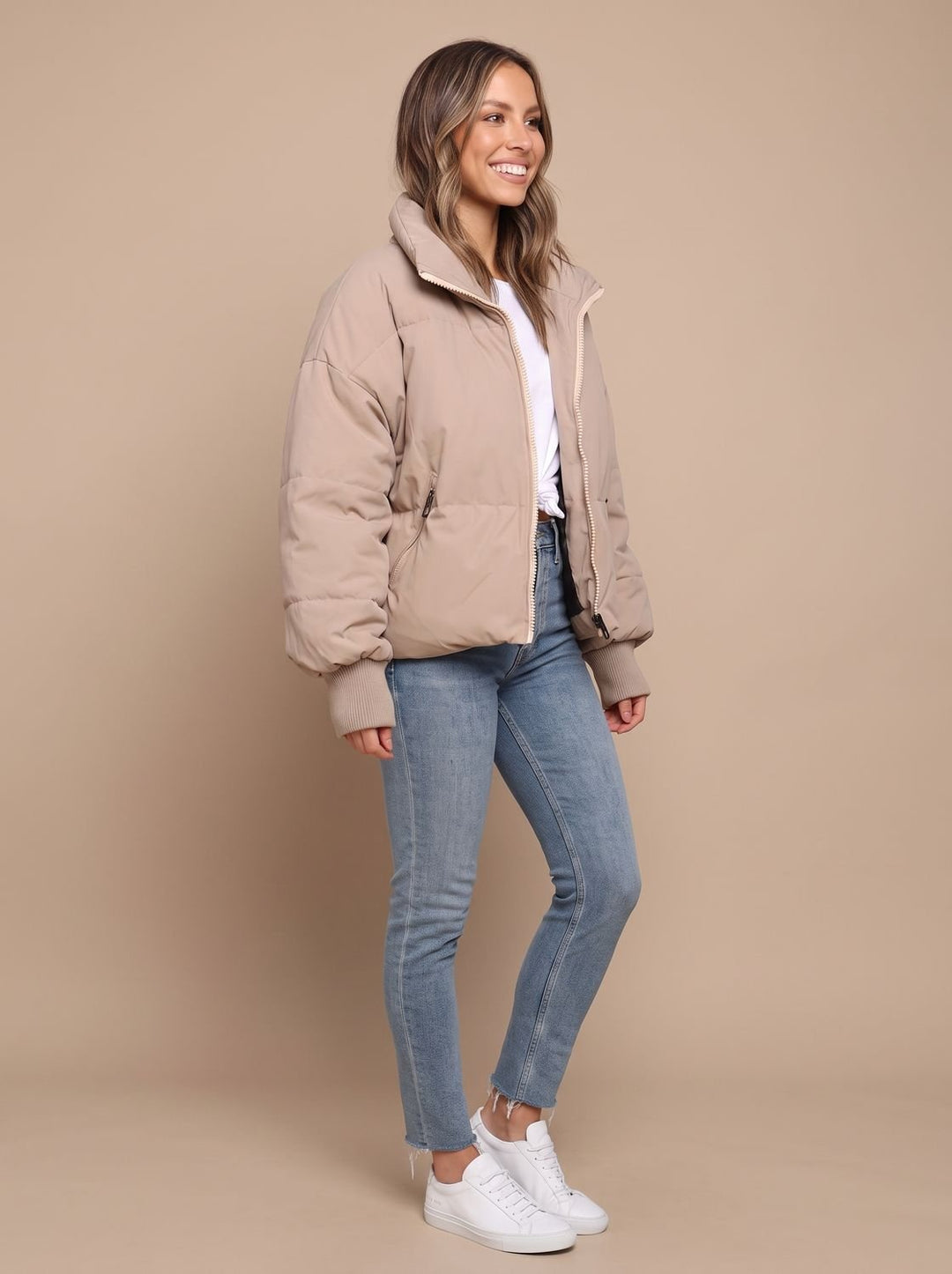 Women's Oversized Puffer Jacket Stand Collar Ribbed Cuff
