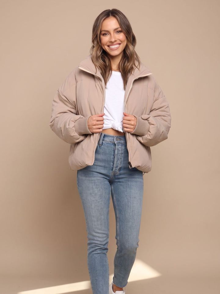 Women's Oversized Puffer Jacket Stand Collar Ribbed Cuff