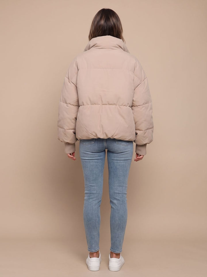 Women's Oversized Puffer Jacket Stand Collar Ribbed Cuff