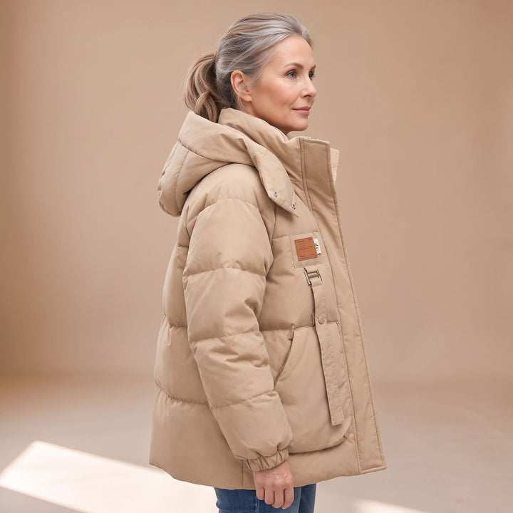 Women's Oversized Quilted Jacket Hooded Water-Resistant Puffer Coat - Khaki