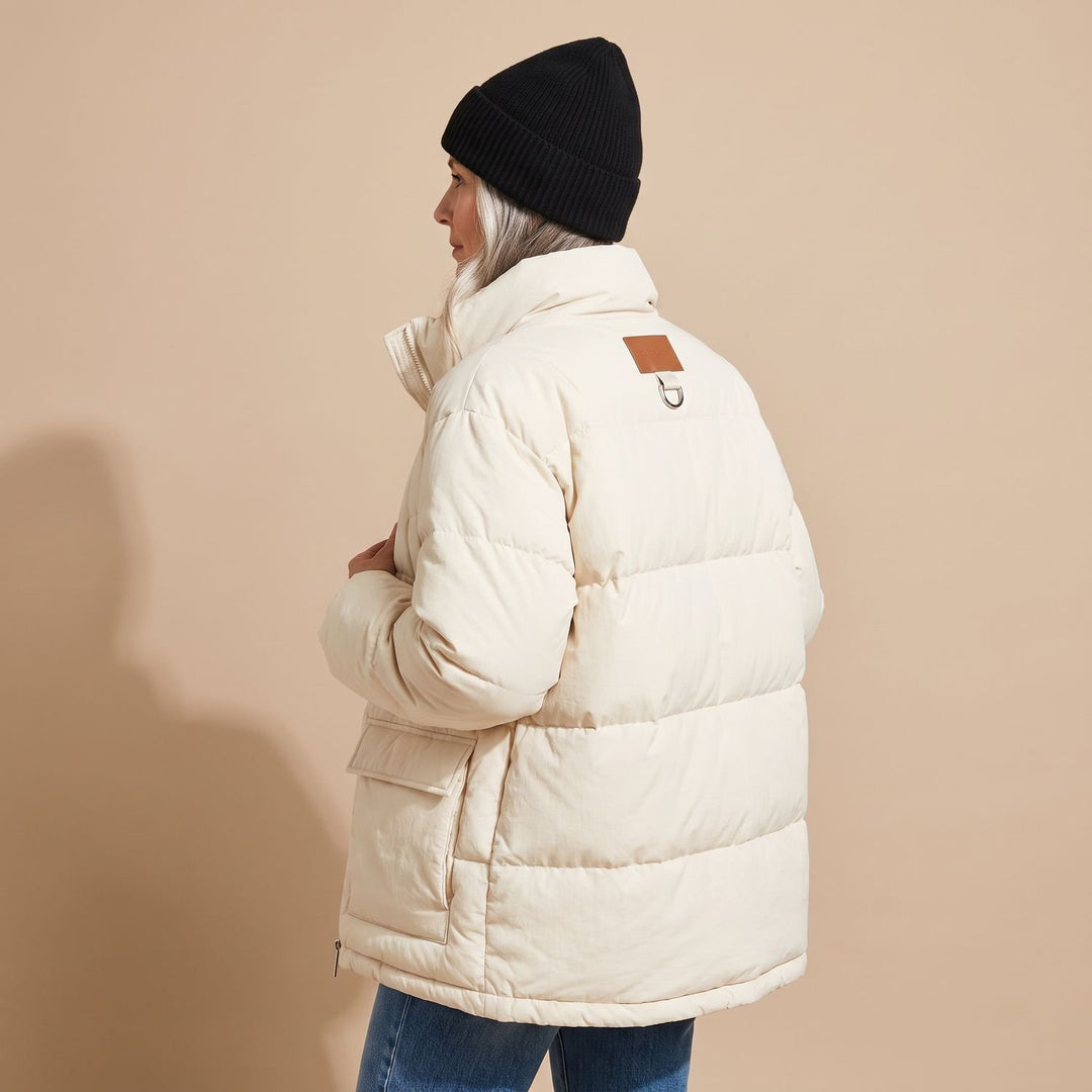 Women's Oversized Quilted Jacket Hooded Water-Resistant Puffer Coat - Beige