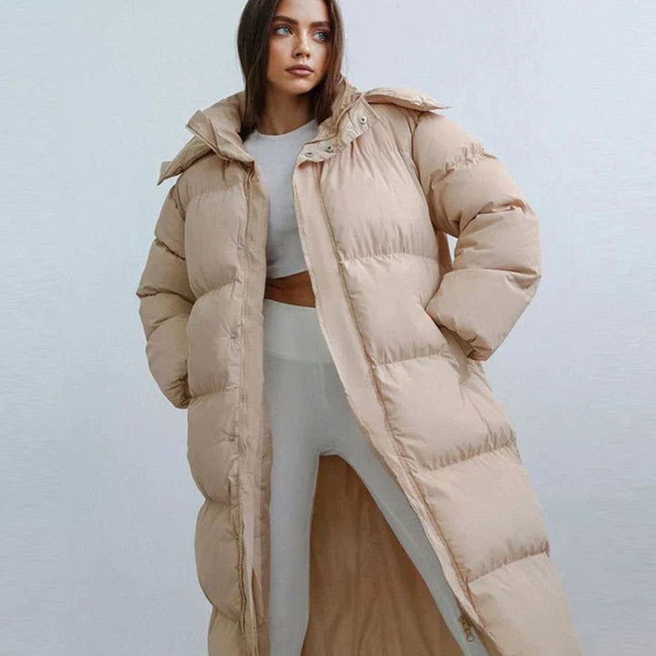 Women's Oversized Quilted Long Hooded Puffer Coat - Beige
