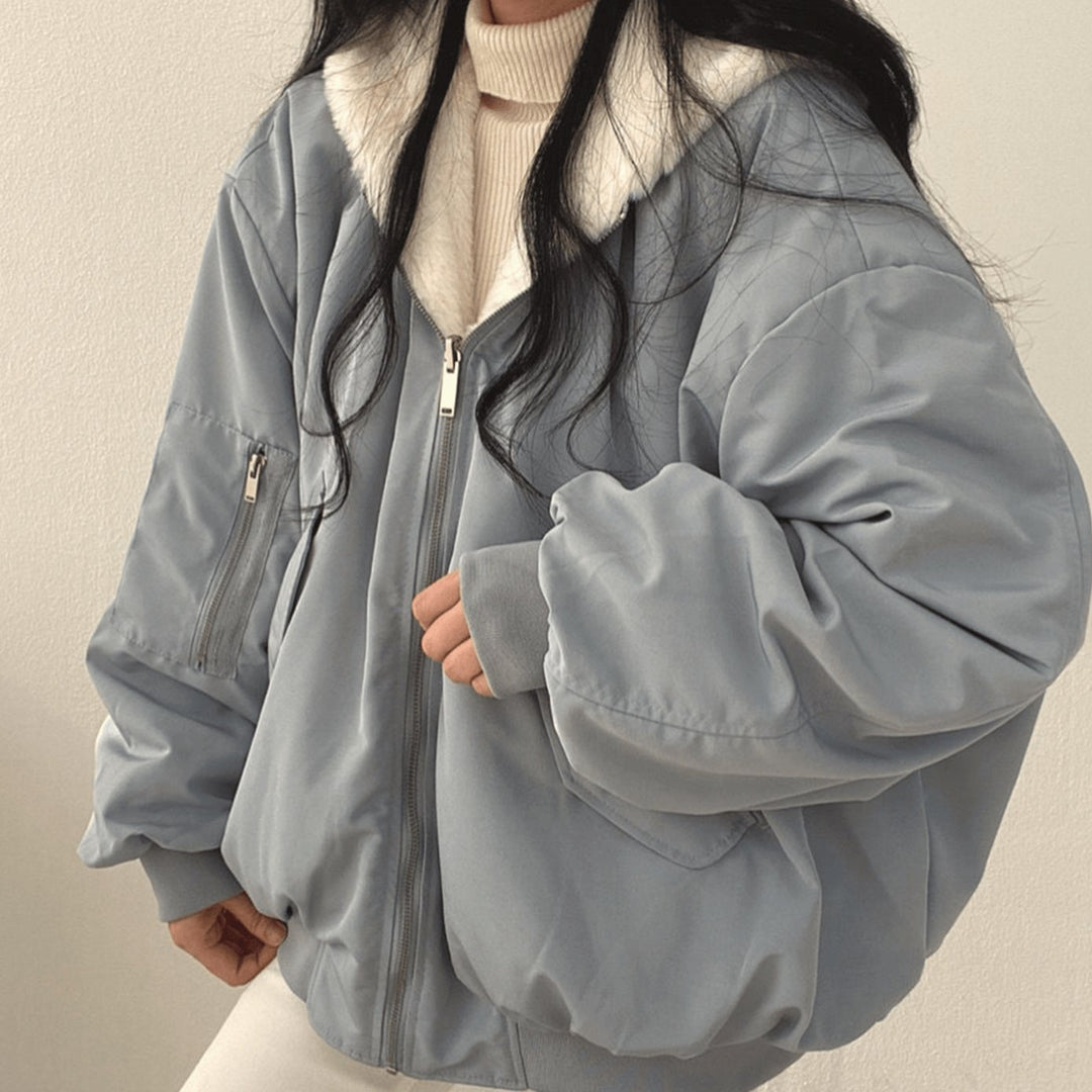 Women's Oversized Relaxed-Fit Fleece-Lined Zip-Up Winter Jacket - Blue