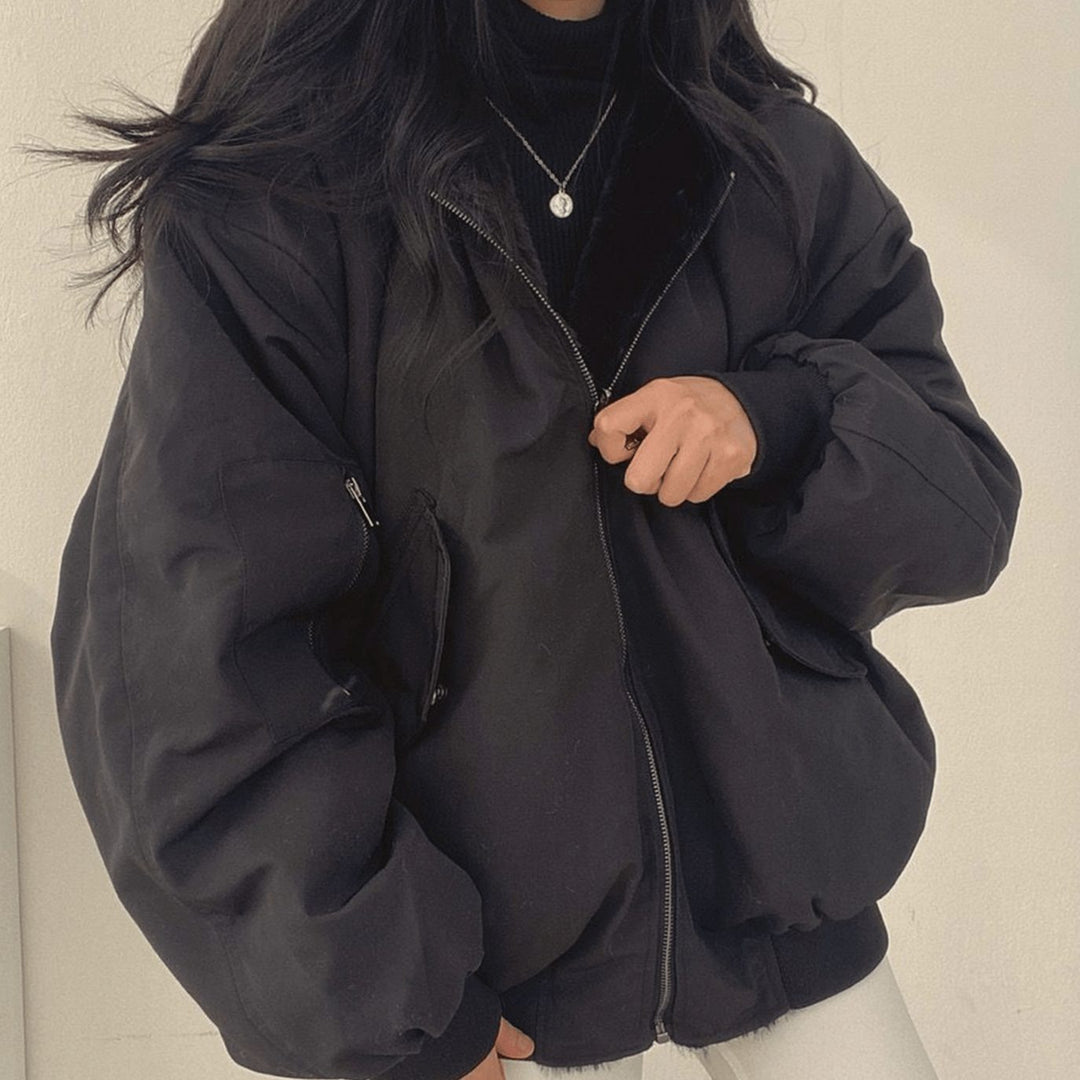 Women's Oversized Relaxed-Fit Fleece-Lined Zip-Up Winter Jacket - Black
