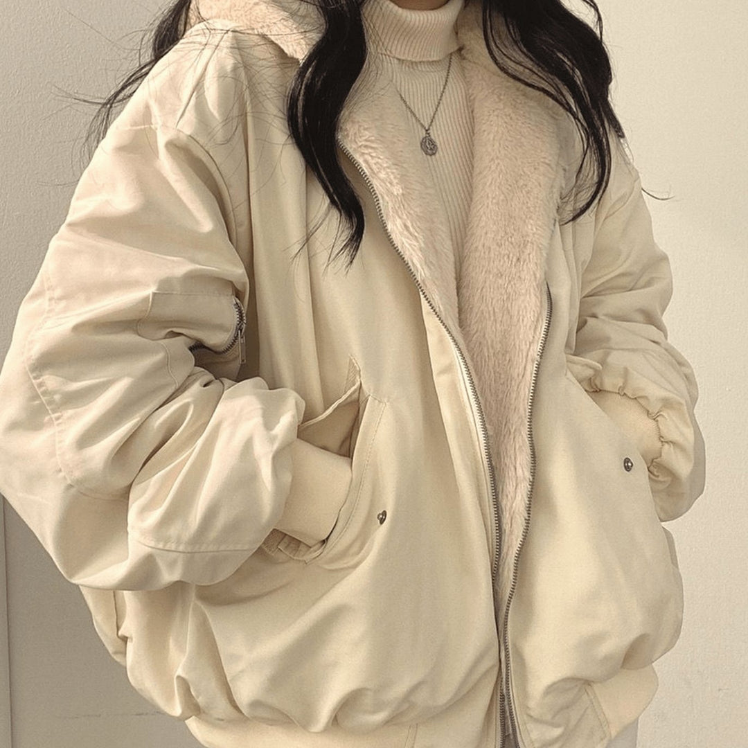 Women's Oversized Relaxed-Fit Fleece-Lined Zip-Up Winter Jacket - Beige