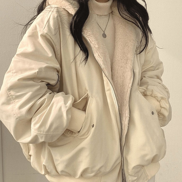 Women's Oversized Relaxed-Fit Fleece-Lined Zip-Up Winter Jacket - Beige