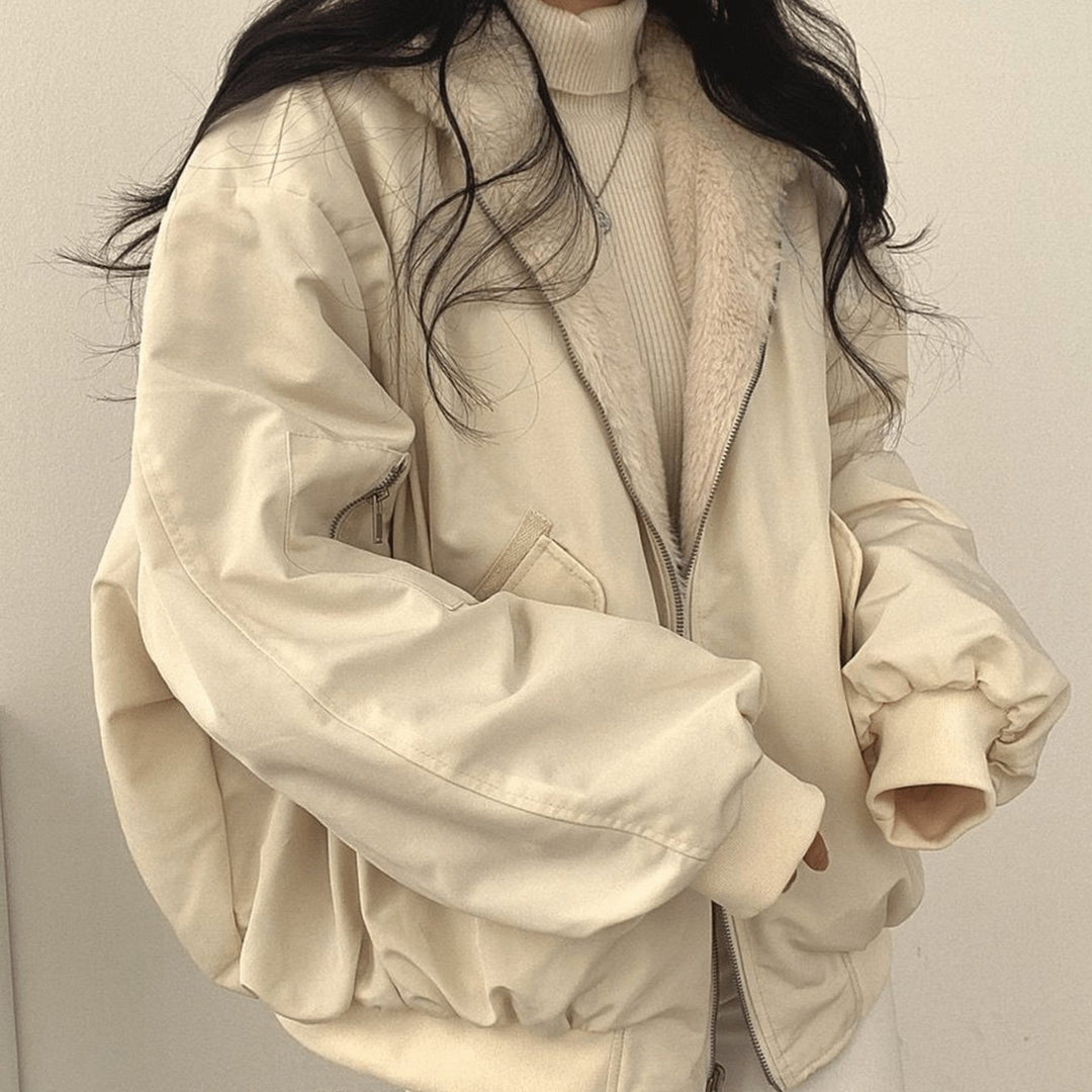 Women's Oversized Relaxed-Fit Fleece-Lined Zip-Up Winter Jacket