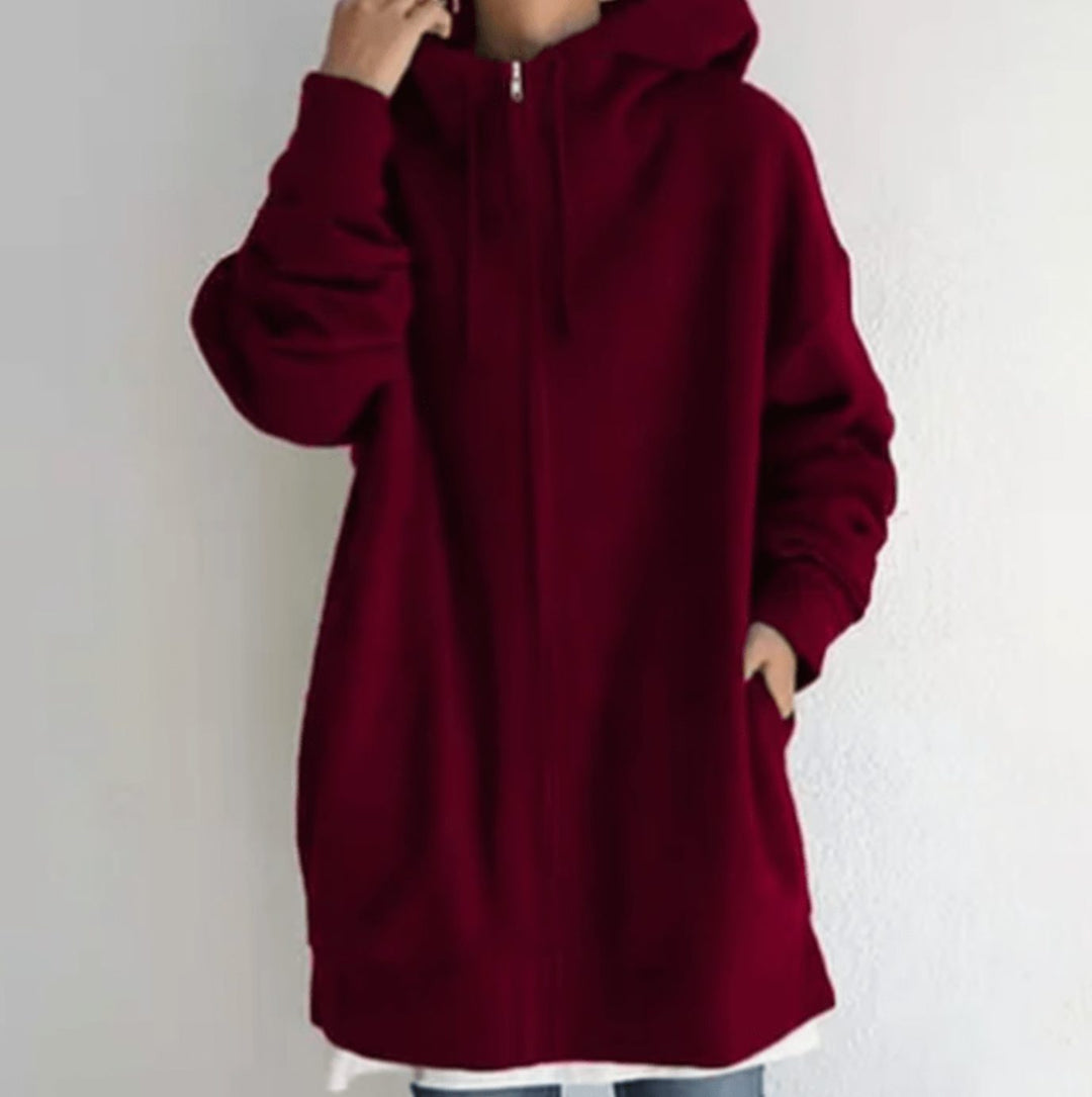 Women's Oversized Relaxed-Fit Full-Zip Hooded Sweatshirt - Wine